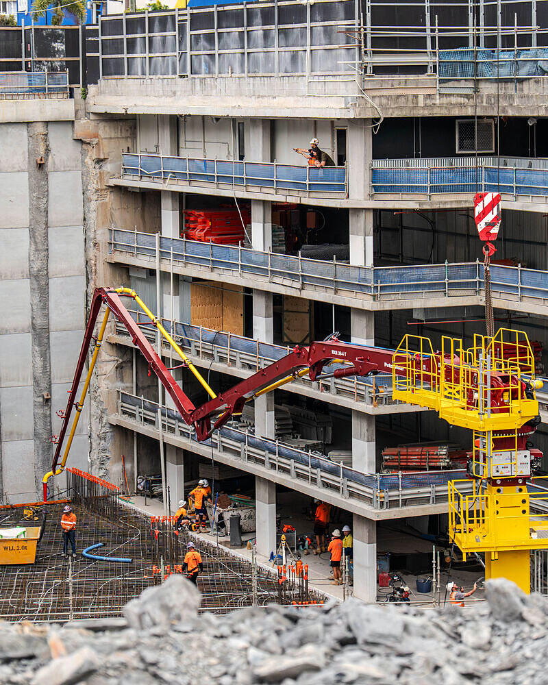 Boom pump placing concrete into a basement slab at South City, Woolloongabba, for Brisbane Pump Action